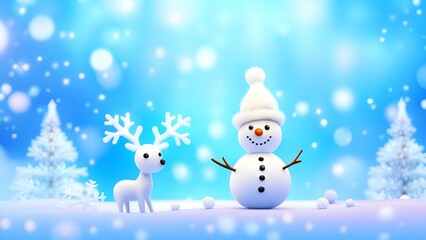 Funny snowman on Christmas holiday winter background Merry Christmas and Happy Holidays wishes, banner background 