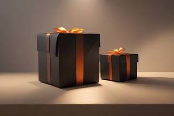 Black giftbox with orange satin ribbon bow on isolated orange background. Generative AI