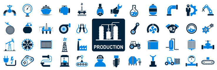 Production industry factory icons set, plant, chemical manufacturing, automated industrial machines, automation, optimization of manufacturing and production processes - stock vector