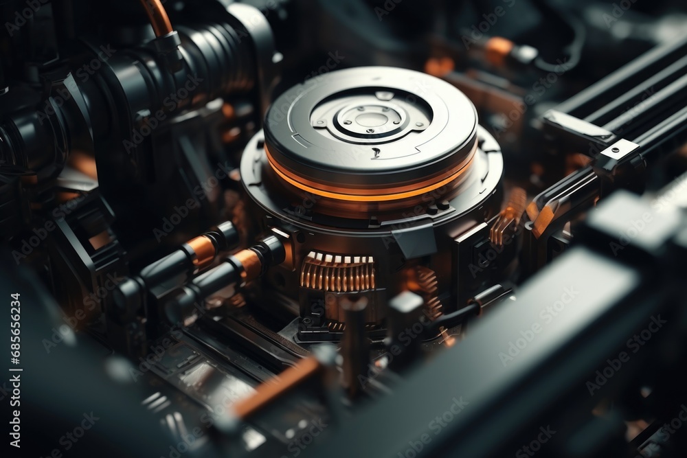 Poster a detailed close-up image of a machine with a clock on it. this picture can be used to symbolize pre