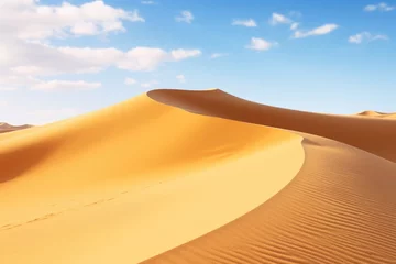 Foto op Plexiglas A picturesque desert landscape with rolling sand dunes under a clear blue sky. This image can be used to depict the beauty and vastness of nature © Ева Поликарпова