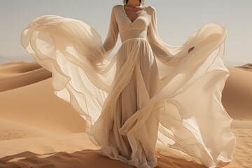 Fashion model in flowing desert sand dress, gracefully fluttering in the wind on sunny day