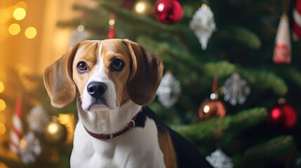 Beagle Christmas dog background. Happy New Year, Merry Christmas concept. Portrait of Cute Beagle puppy breed wearing Santa hat on festive decoration backdrop..