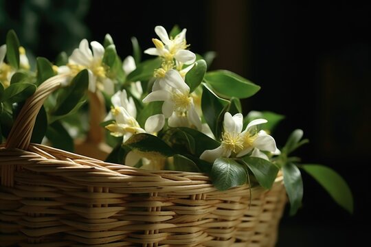 A basket filled with white flowers sitting on top of a table. This image can be used for various purposes, such as home decor, floral arrangements, and event decorations