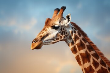 A close-up photograph of a giraffe's head with a cloudy sky in the background. 