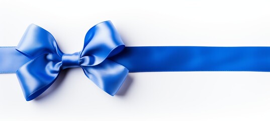 Blue ribbon bow for birthday or christmas banner on white background with border and copy space