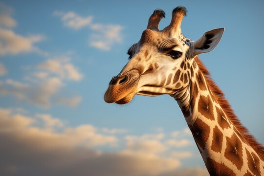 A close-up view of a giraffe's head against a clear blue sky. This image can be used to depict the beauty and majesty of wildlife in their natural habitat