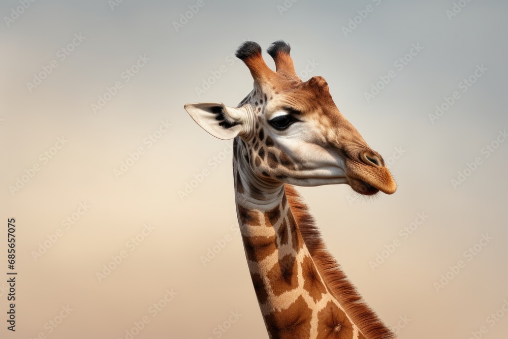 Poster a close up view of a giraffe's head and neck. this image captures the intricate details and patterns