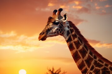A majestic giraffe standing in front of a beautiful sunset. This stunning image captures the grace and elegance of this incredible animal. Perfect for nature lovers and wildlife enthusiasts.