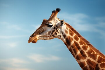Obraz premium A close up view of a giraffe's head with its unique patterned fur against a vibrant blue sky. This image can be used to depict wildlife, nature, safari adventures, or animal conservation