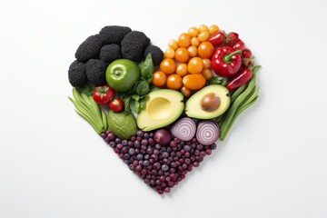 Assorted fruits and vegetables forming a heart shape on white background, top view perspective