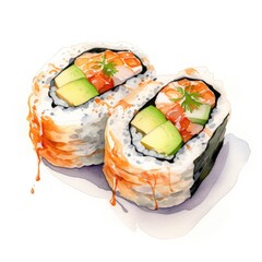 Watercolor Sushi Rolls with Salmon and Avocado - Japanese Cuisine Art