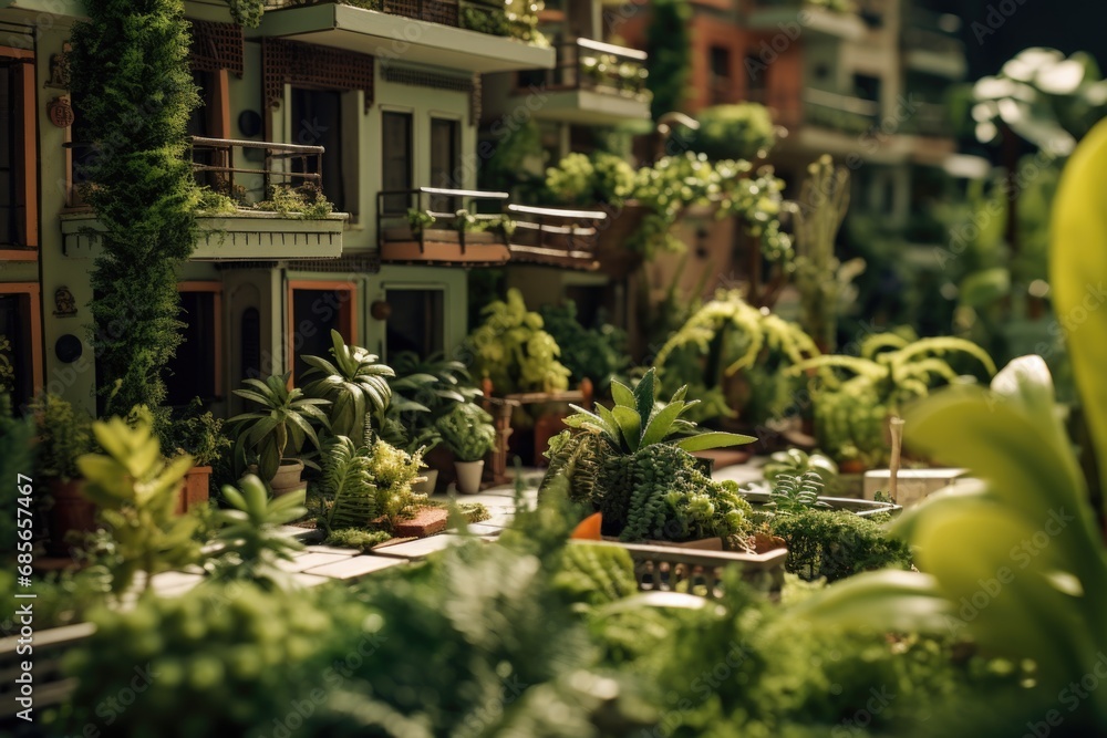 Poster a model of a building filled with an abundance of plants, creating a lush and green environment.
