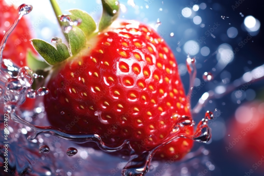 Poster a close-up view of a single strawberry submerged in water. this image can be used to depict freshnes