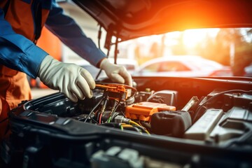 Technician Hands of car mechanic working repair in auto repair Service electric battery and Maintenance of car battery. Check the electrical system inside the car - obrazy, fototapety, plakaty