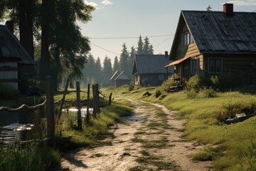A dirt road stretching out in front of a quaint and peaceful small village.  - obrazy, fototapety, plakaty