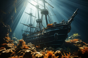 Sunken old wooden ship underwater, pirate ship shipwreck at sea