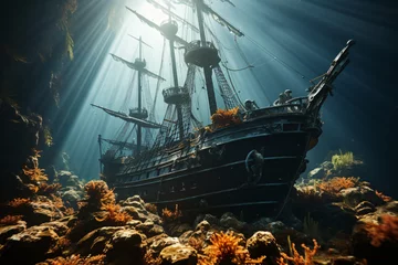 Fotobehang Sunken old wooden ship underwater, pirate ship shipwreck at sea © Art Gallery