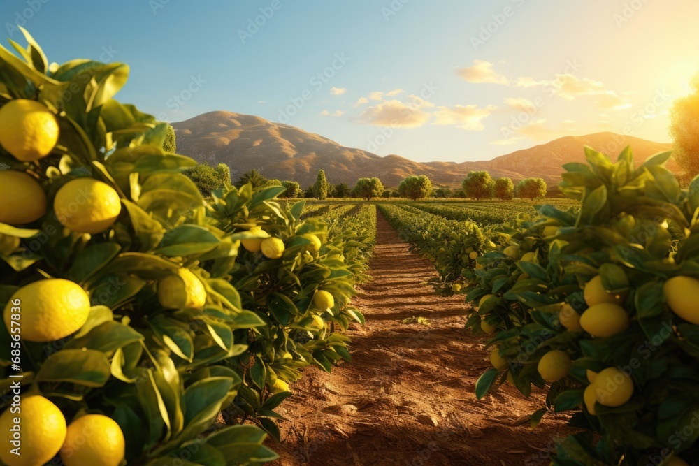 Poster a picturesque view of a field of lemon trees with the sun setting in the background. perfect for add