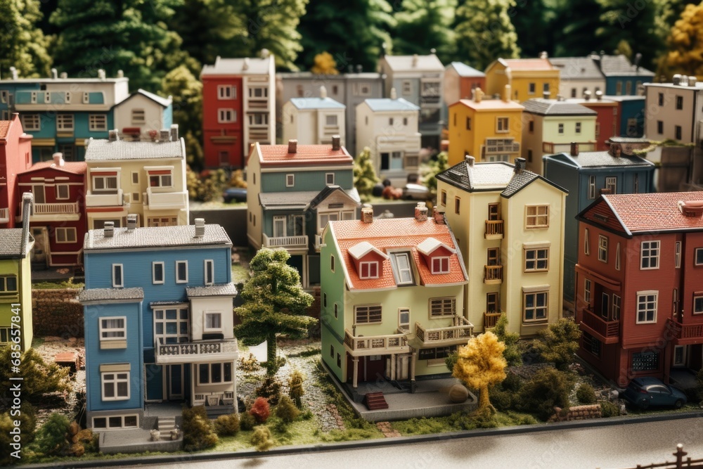 Poster a compact and straightforward image showcasing a model of a city with a multitude of houses. ideal f