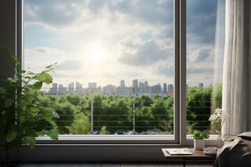 A view of a city seen through a window. This image can be used to depict urban life or as a background for various city-related themes