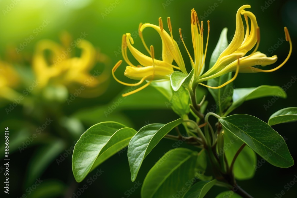 Poster a close-up view of a plant featuring vibrant yellow flowers. this image can be used to add a pop of 