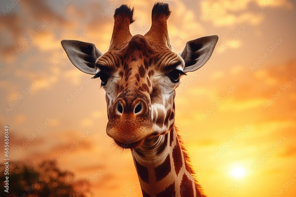 Poster a close-up view of a giraffe's face at sunset. this stunning image captures the unique features of t