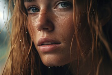 A close-up photograph of a woman with a wet face. 