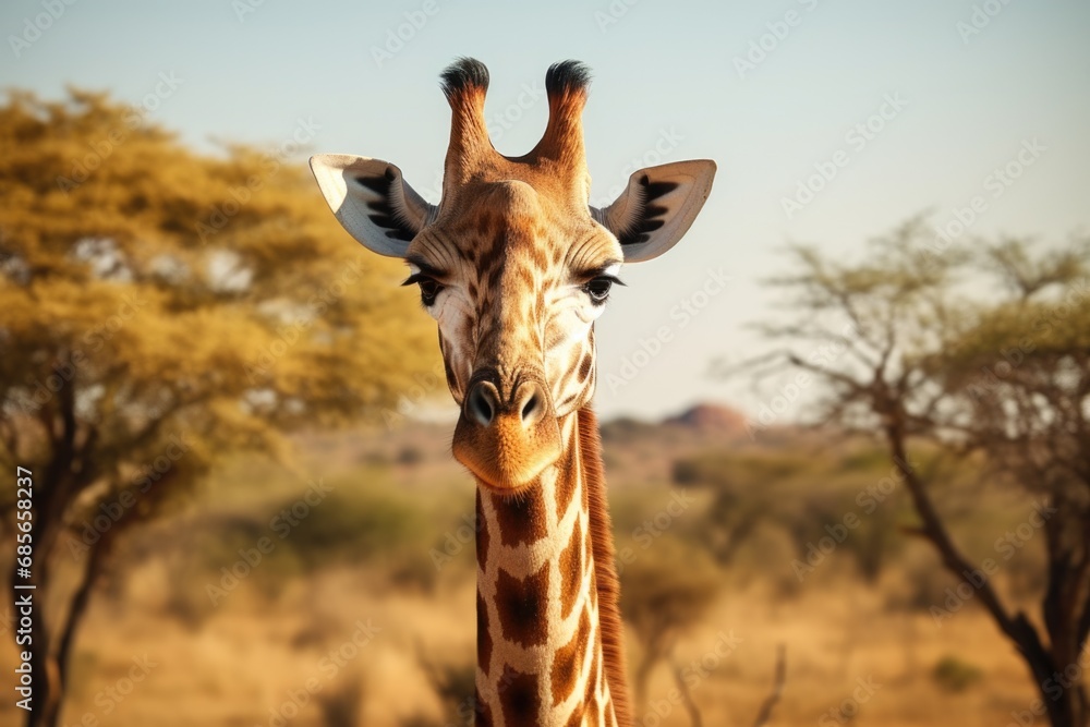 Poster a close-up shot of a giraffe's face with trees in the background.