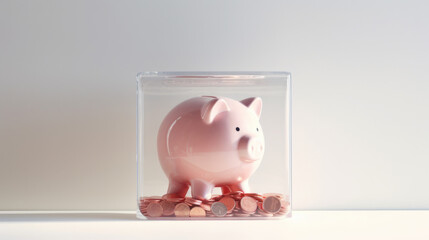 Children's piggy bank in the form of a piglet and a glass jar with coins at the bottom of the jar. Light gray background. Close up. 