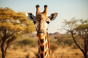 A close-up shot of a giraffe's face with trees in the background. 