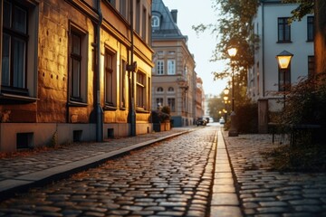 A picturesque view of a cobblestone street in a charming European city. - obrazy, fototapety, plakaty
