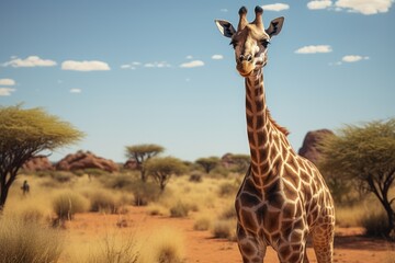 A lone giraffe standing in the vast desert landscape.  - Powered by Adobe