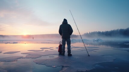 A man gearing up for a day of ice fishing photo realistic illustration - Generative AI. - Powered by Adobe