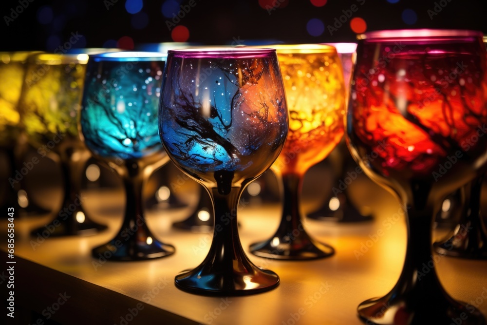 Poster a row of wine glasses sitting on top of a table. this image can be used to showcase elegance and sop