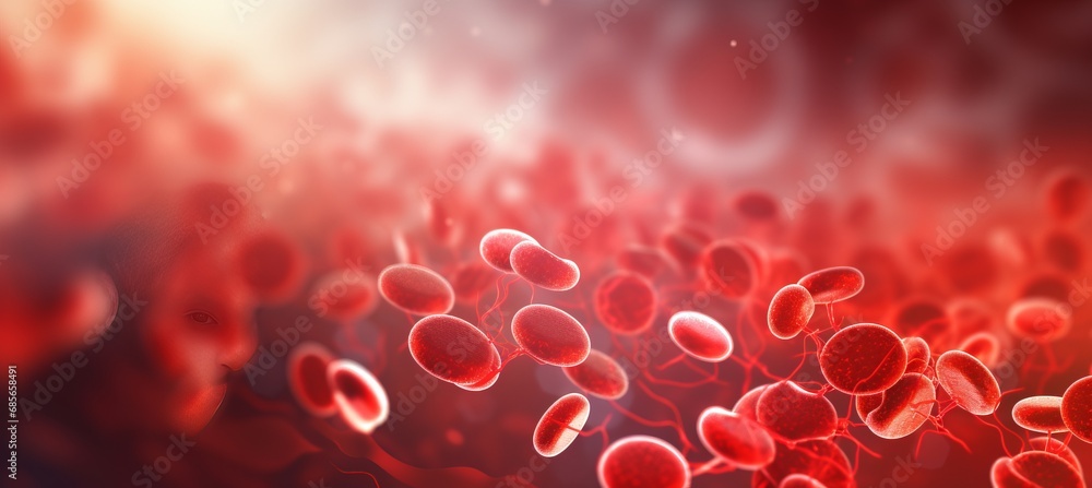 Poster close up of blood cells in abstract background with space for text placement and blurred elements