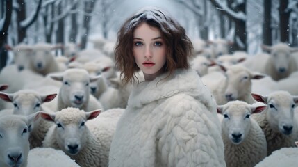 Winter Portrait, Imbolc concept, Woman among Sheep, Snowy Landscape, Ethereal Beauty, Surreal Scene