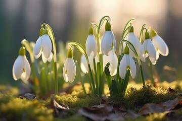 A group of snowdrops basking in the sunlight on a ground covered in moss. This image can be used to depict the arrival of spring and the beauty of nature.