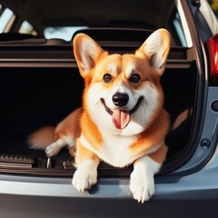 dog  corgi in a car