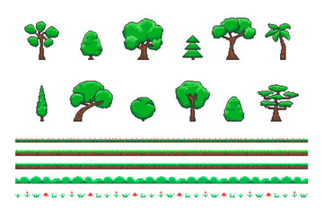 Set of pixel trees and bushes, forest elements 8-bit sprite. 8 bit video game UI elements, trees bushes and grass sprite asset. Isolated vector illustration for pixel art games.