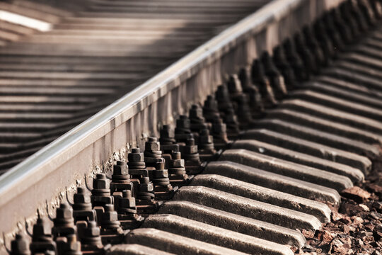 Close up view of a railway track details, photo with selective focus