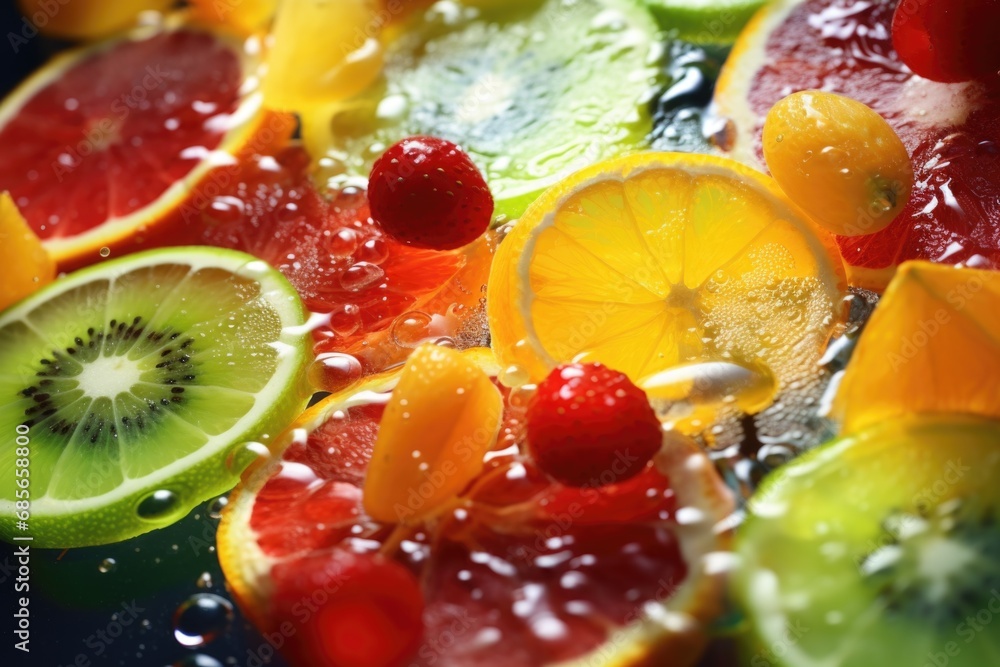 Poster a close-up view of a bunch of fruit slices. this image can be used to showcase the freshness and vib