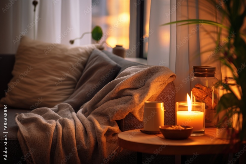 Poster a lit candle sitting on top of a table next to a window. suitable for creating a cozy and peaceful a