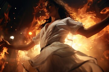 A woman in a white dress stands in front of a mesmerizing fire.  - obrazy, fototapety, plakaty