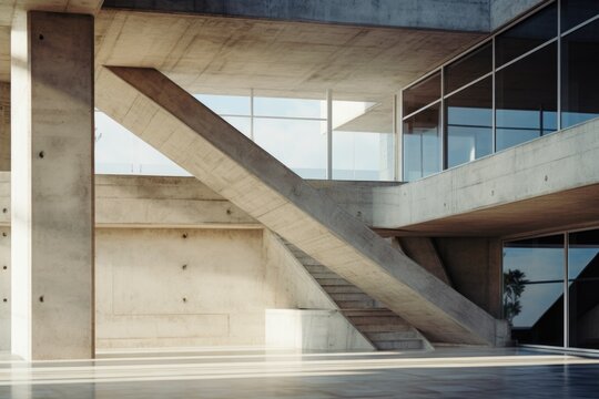 A picture of a concrete building with stairs and windows. Can be used for architectural designs or real estate advertisements.
