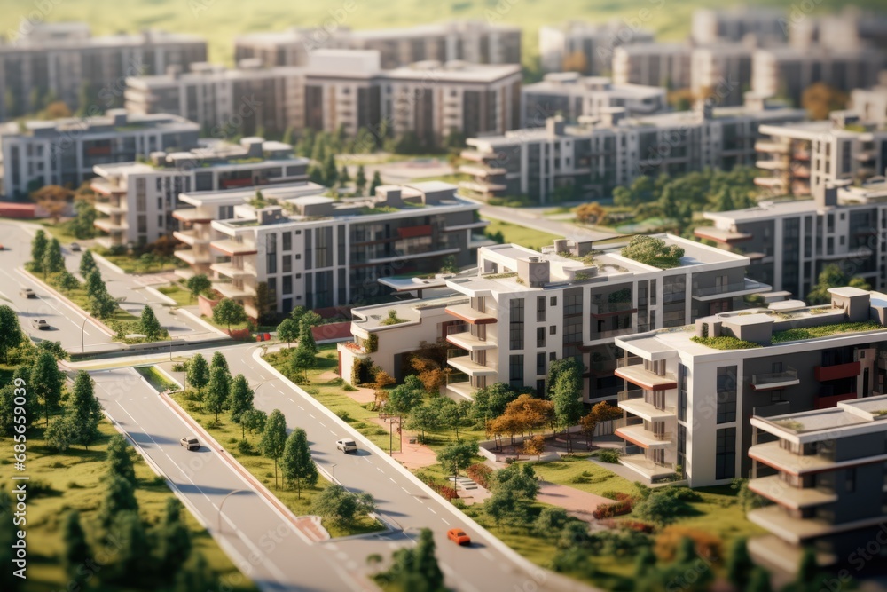Poster a compact and straightforward description of a city model with a multitude of buildings. this image 