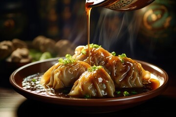 A plate of food with sauce being drizzled over it. Perfect for food blogs and recipe websites - obrazy, fototapety, plakaty