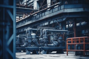 Fototapeta premium A group of pipes and valves in a factory. This image can be used to depict industrial processes and manufacturing