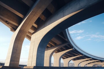 The image shows the underside of a bridge against a beautiful sky background. 