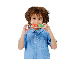 Portrait, kid and blocks for learning abc, studying or reading, language or building isolated on a...